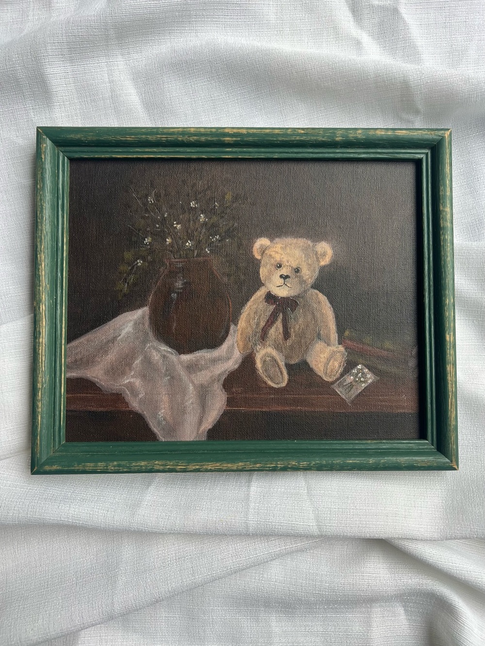 “Little Keepsake” Green Framed Teddy Bear Still Life Wall Art